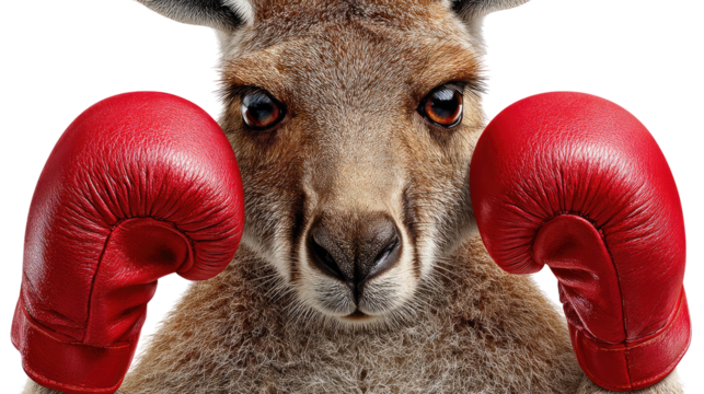Kangaroo Boxer: A strong kangaroo is seen wearing red boxing gloves, looking fierce and ready for the fight.
