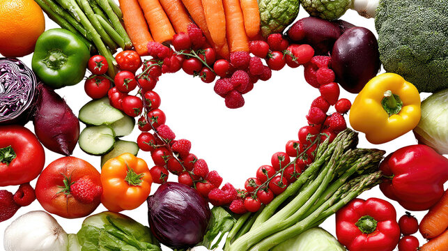 Healthy Hearty Harvest: A vibrant arrangement of fresh, colorful fruits and vegetables, thoughtfully arranged to form a heart shape, symbolizing a commitment to health, well-being.