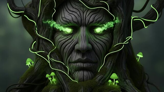 The face of an ancient forest spirit, carved from wood and covered with moss. His eyes and glowing mushrooms radiate a mystical light. The concept of magic and nature.