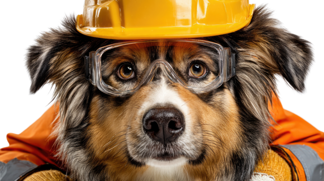 Canine Construction Crew: A charming dog, humorously donned in construction gear, embodies dedication and playful professionalism, ready to tackle the building blocks of success.