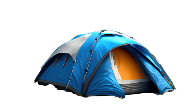 Camping Tent in Nature: A vibrant blue camping tent, standing ready for adventure, evokes the excitement of exploration and outdoor living.