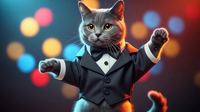 A gray cat dressed in a tuxedo, dancing in a vibrant, colorful setting.