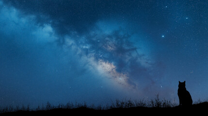 A cat silhouette sits gazing at the Milky Way galaxy, creating a dreamy, magical, and serene night sky scene full of wonder.