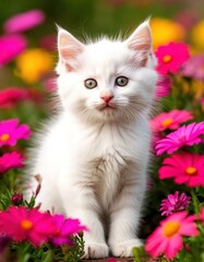 cute kitten among beautiful flowers. poster, card.