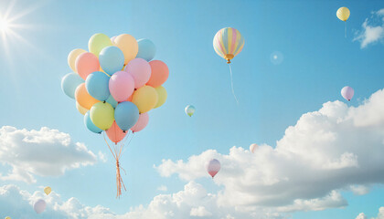 Obraz premium Colorful balloons floating in a blue sky with fluffy clouds and sunshine