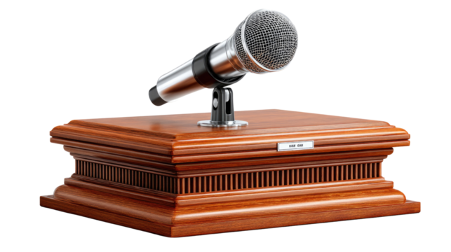 Microphone on the wooden platform: The sleek microphone rests on a meticulously crafted wooden platform, an emblem of clear communication and influential speech. Emphasizing clarity and power. 
