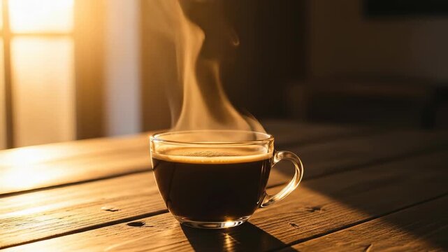 A cup of steaming hot coffee on a wooden table bathed in warm sunlight
