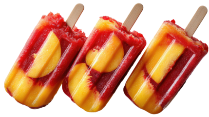 Berry and Peach Delight: A close-up shot of three vibrant, refreshing fruit ice popsicles featuring a blend of ruby red berries and golden peach slices, offering a tempting summer treat.