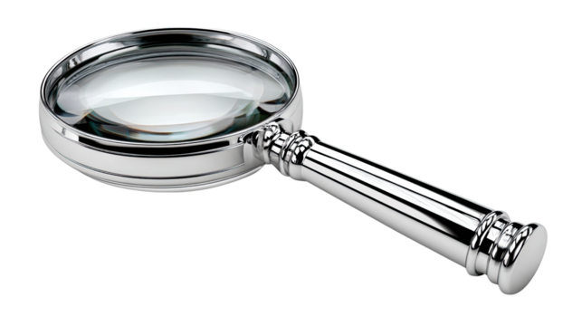 Magnifying Glass: a close-up shot of a polished silver magnifying glass, ready to reveal the smallest details. perfect for research and observation.
