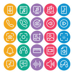 Circle color outline icons set for Audio photography