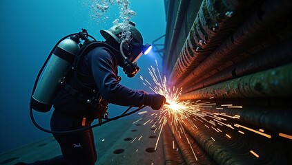 Professional commercial diver performs underwater welding, cutting metal with bright sparks in the deep blue ocean for industrial maintenance