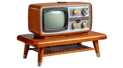 Vintage Television on Wooden Stand: This image showcases a classic, vintage television set resting atop a matching wooden stand. The warm tones of the wood contrast with the screen.