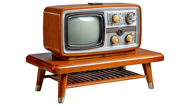 Vintage Television on Wooden Stand: This image showcases a classic, vintage television set resting atop a matching wooden stand. The warm tones of the wood contrast with the screen.