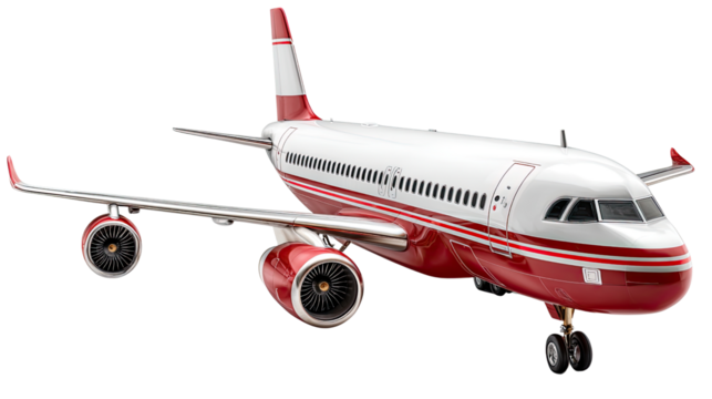 Red Airplane in Flight: A stunning commercial airliner in a striking red and white livery is captured in an elegant moment, suspended in motion