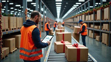 Logistics team in a busy fulfillment center preparing holiday gift orders for shipping, with a manager overseeing operations on a tablet