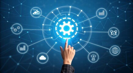 Futuristic Technology Interface with Hand Interaction on Glowing Gear Icon Highlighting Innovation and Digital Connectivity in Modern Business Solutions
