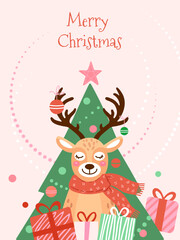 Cute Christmas illustration with a smiling reindeer in a red scarf, decorated tree, gifts, and festive ornaments. Winter holiday greeting card design in flat  style.