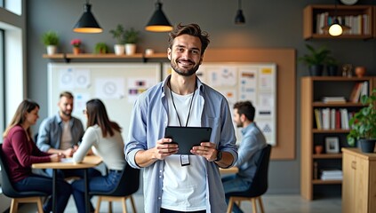 Confident young professional team leader holding a digital tablet and smiling in a modern collaborative office with colleagues in the background