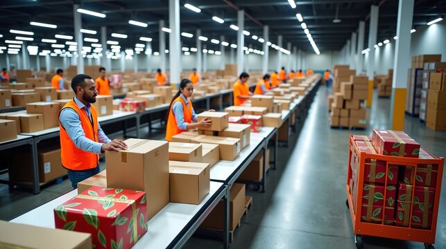 Large logistics warehouse during the busy holiday season, with a diverse team of employees preparing and shipping online orders