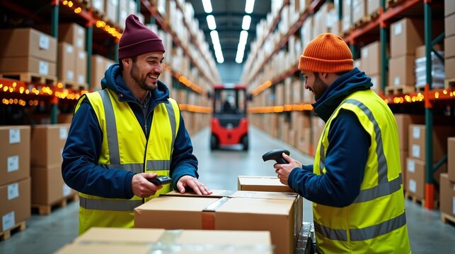 Two warehouse workers using barcode scanners to manage inventory and process packages for shipment in a large logistics center