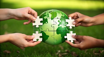 Hands Completing Green Earth Globe Puzzle Symbolizing Environmental Protection and Global Collaboration for Sustainability and Conservation with Focus on Renewable Energy