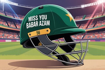 Cricket helmet with Babar Azam's name, celebrating a sports icon in a vibrant stadium setting, perfect for sports fans and commemorative designs