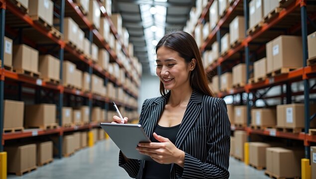 Professional female manager using a digital tablet for inventory control while standing in a large, modern logistics warehouse aisle