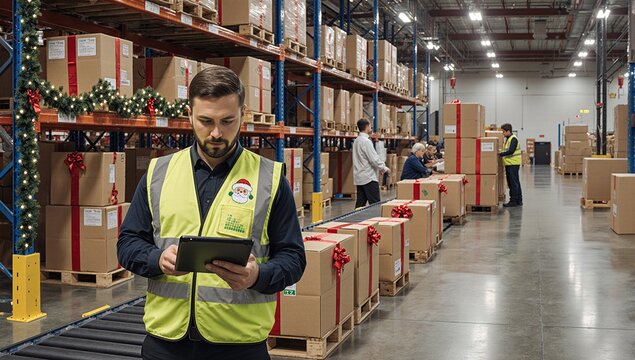 Logistics worker coordinating holiday package deliveries in a bustling distribution center decorated for the festive season