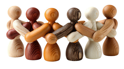 Unity and Connection: An artistically crafted assembly of wooden figures, each in a distinct tone, interlocks in an embrace, symbolizing solidarity, collaboration, and the beauty of multiculturalism.