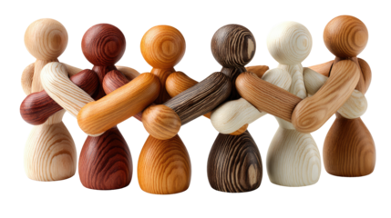Unity and Connection: An artistically crafted assembly of wooden figures, each in a distinct tone, interlocks in an embrace, symbolizing solidarity, collaboration, and the beauty of multiculturalism.