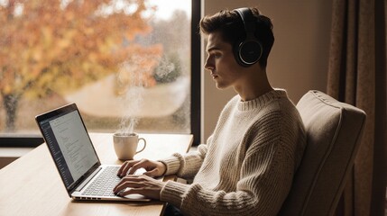 Focused young man in headphones working remotely on a laptop in a cozy home office during a rainy autumn day