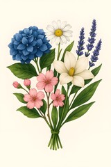 Obraz premium Watercolor illustration of a flower bouquet featuring blue hydrangea, white lily, purple lavender, white daisy, and soft pink blossoms. The delicate floral arrangement is painted