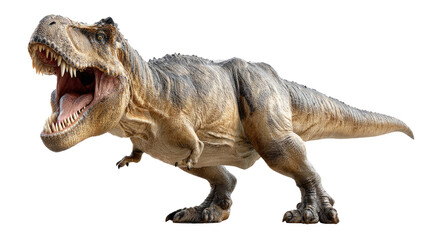 Fototapeta premium Tyrannosaurus Rex in Action: A colossal Tyrannosaurus Rex roars with raw power, showcasing intricate details. This captivating photo evokes the awe of the prehistoric era. 