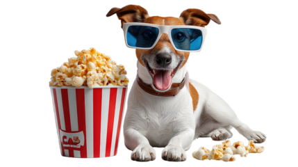 Dog Ready for Movie Night: A playful dog, donning 3D glasses, sits beside a large popcorn bucket, a perfect scene for a movie night, exuding joy and anticipation for cinematic experience.