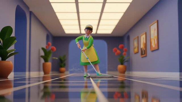 A cartoon maid mops a long, reflective hallway with potted plants and artwork.