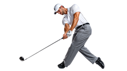 Golf Swing in Action: A golfer, perfectly executing his swing, showcasing skill, focus and precision, embodies the spirit of determination and competitive drive