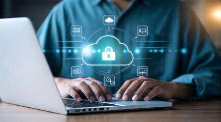 Man Using Laptop with Cloud Security and Data Protection Concept for Cyber Safety in a Digital Network World for Enhanced Security and Business Growth