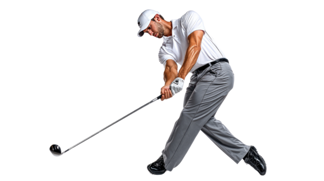 Golf Swing in Action: A golfer, perfectly executing his swing, showcasing skill, focus and precision, embodies the spirit of determination and competitive drive