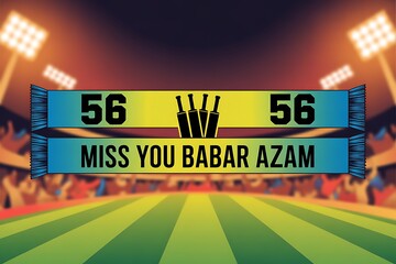 Cricket stadium banner expressing missing Babar Azam, displaying scores and fans, vibrant colors and emotional connection, celebrating the sport