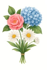 Obraz premium Watercolor illustration of a flower bouquet featuring a pink rose, blue hydrangea, and white daisies with green leaves. Delicate and elegant botanical artwork perfect for greeting cards, wedding