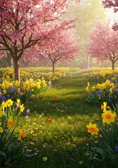 Fototapeta premium Pink Cherry Blossoms and Yellow Daffodils in a Sunlit Spring Meadow
