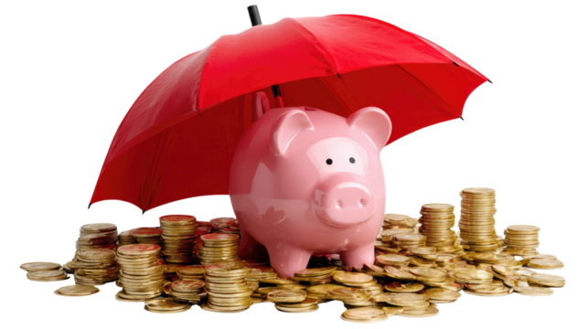 Protecting Financial Well-being: A pink piggy bank, shielded by a red umbrella, sits atop a bed of gold coins, symbolizing financial security and savings in a visual metaphor. - Powered by Adobe