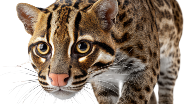 Intriguing Leopard Cat Close-up: Capture the captivating gaze of a leopard cat with its striking spotted fur pattern, and alert expression