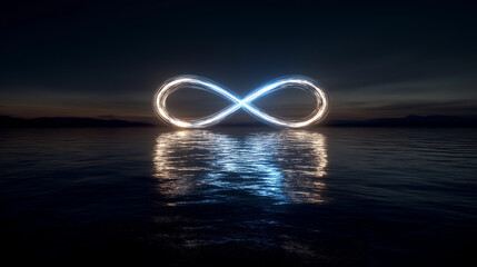 A glowing infinity white lighted  symbol hovers over dark reflective water, radiating light, mystery, and balance in a serene, futuristic scene.