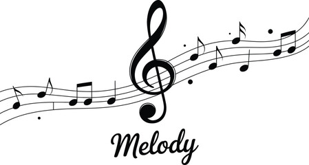 Elegant treble clef and musical notes flowing on a white background