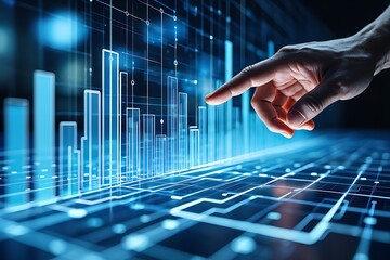 Close up of a human hand interacting with a futuristic glowing blue digital data visualization of financial charts and graphs on a dark background
