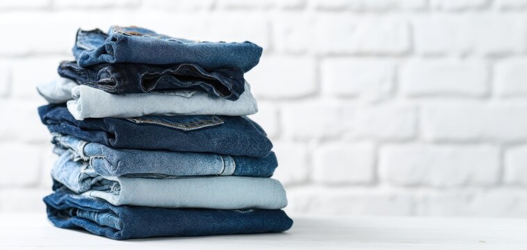 The stack of neatly folded denim jeans on a clean background.