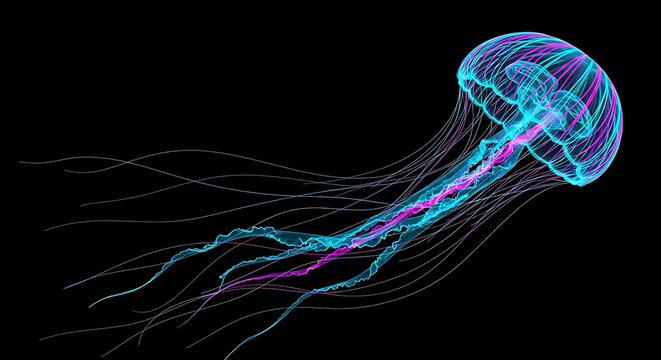 Neon jellyfish with flowing cyan and pink glowing tendrils in black abyss - Powered by Adobe