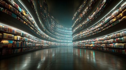 Futuristic library books digital knowledge database ai learning technology information storage concept design