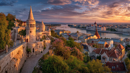 Fototapeta premium Scenic Aerial View of Budapest Hungary with Danube River and Historic Landmarks